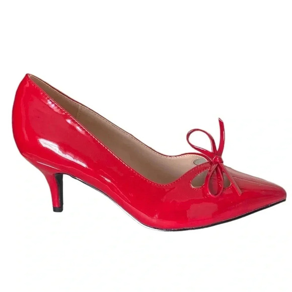 ANGEL STEPS | Alluring Red Patent Front Bow Accent Pointed Kitten Heels Size 7 - Picture 1 of 5